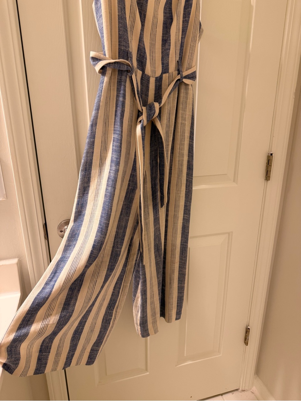 Alice + Olivia Blue and Cream Striped Romper with Tie Waist - Picture 3 of 5
